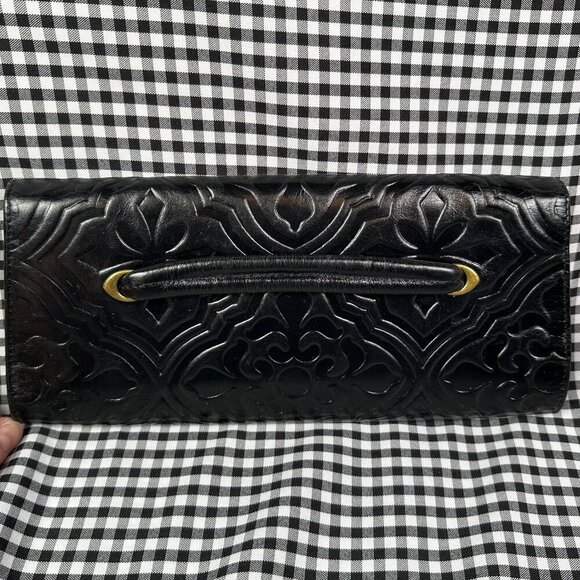 HOBO International Black Leather Tooled Embossed Pattern Clutch Long - Picture 3 of 8
